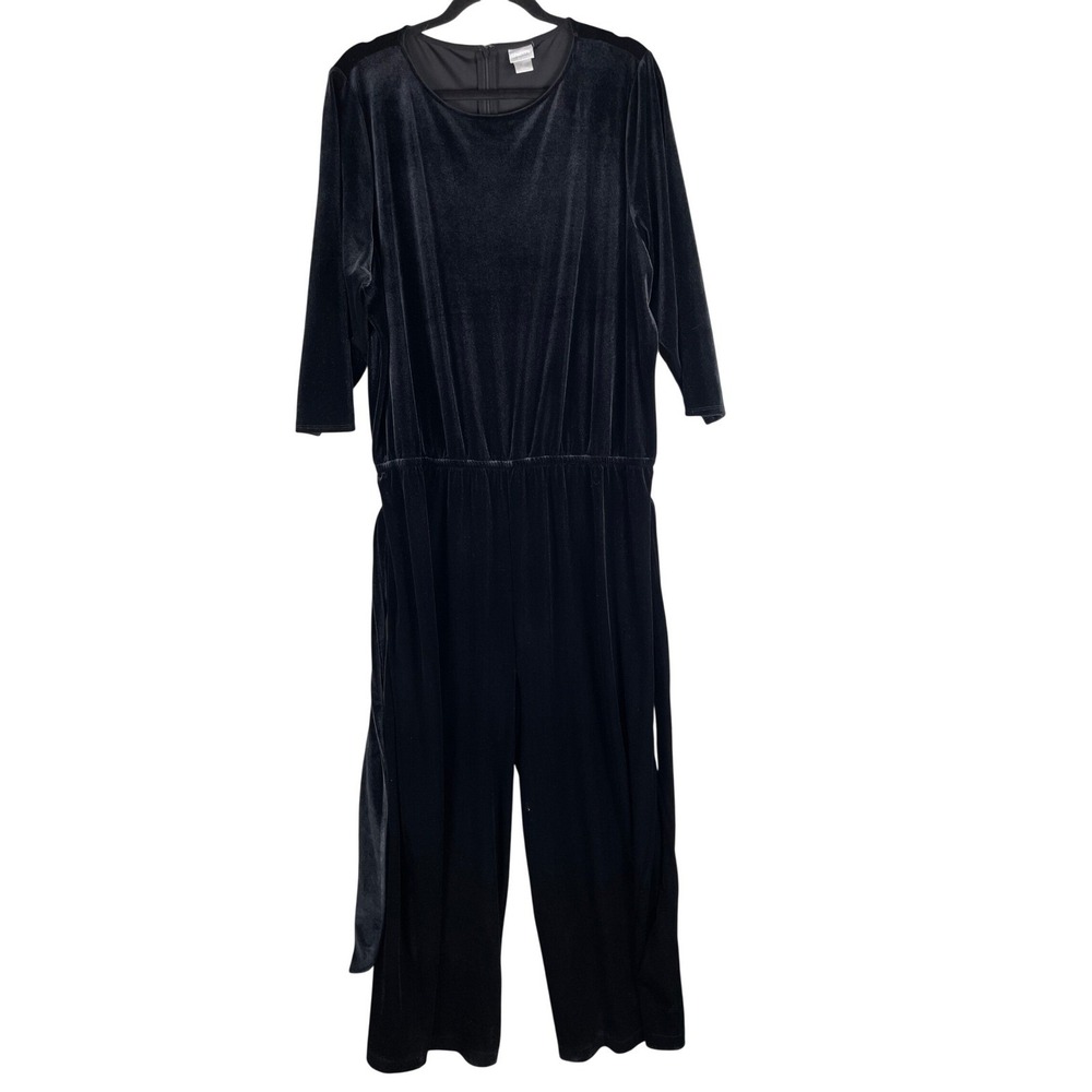 Chico's Travelers Jumpsuit Womens 3 16/18 Black Excellent Velvet Belted Wide Leg